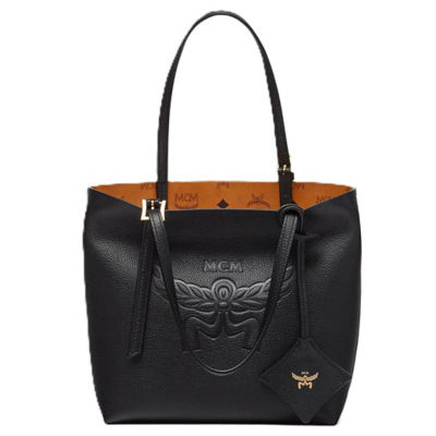 MCM Himmel Shopper in Embossed Logo Leather (Black) 1