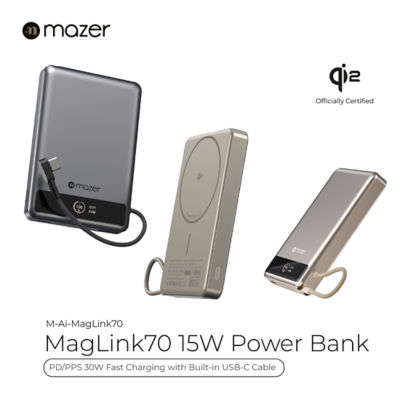 Mazer (CCC-Certified) Qi2 Certified 15W 10000mAh Magnetic Wireless Power Bank - M-Ai-MagLink70 2