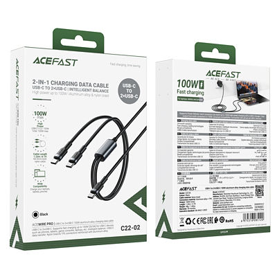 Acefast C22-02 USB-C to 2*USB-C 100W Aluminum Alloy Charging Data Cable - Black 4