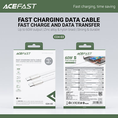 Acefast C24-03 Ultra-Thin Charging Data Cable USB-C to USB-C 60W (1.2m) - White 5