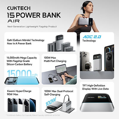CUKTECH 15 Air 15000mAh 3C Power Bank 90W Fast Charging Portable Charger 3