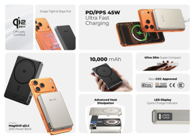 Mazer (CCC + QR) Qi2.2 认证 25W 10000mAh 磁吸无线移动电源 - M-MagAir31 10