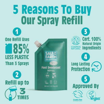 Salt Of The Earth Natural Foot Deodorant Spray Refill Pouch Peppermint & Tea Tree 300ml 3