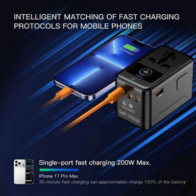 Olloes GaN 200W Universal Travel Adapter with Smart Digital Display 5