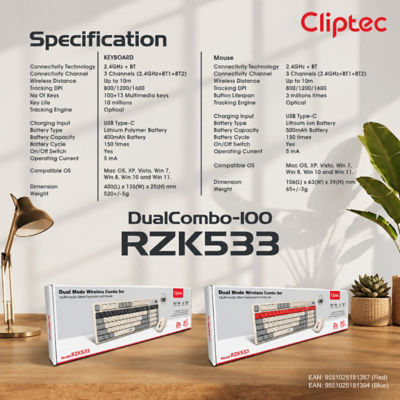 CLIPTEC RZK533 DUAL MODE WIRELESS MULTIMEDIA SILENT KEYBOARD AND MOUSE COMBO SET - BLUE 12