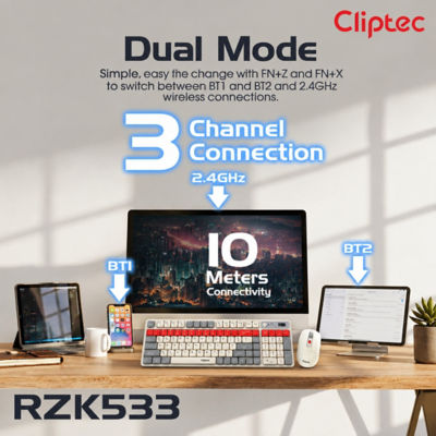 CLIPTEC RZK533 DUAL MODE WIRELESS MULTIMEDIA SILENT KEYBOARD AND MOUSE COMBO SET - BLUE 7
