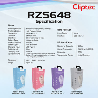 CLIPTEC RZS648 DUAL MODE 1600DPI RECHARGEABLE SILENT WIRELESS MOUSE - SPRING BLUE 8