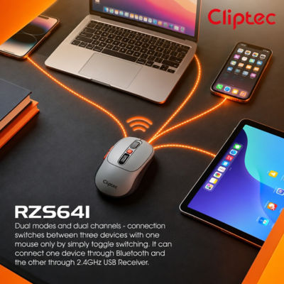 CLIPTEC RZS641 DUAL MODE 3200DPI RECHARGEABLE SILENT WIRELESS MOUSE WITH DIGITAL DISPLAY - GREY 4