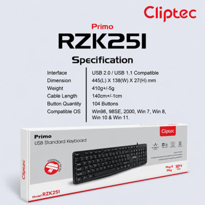 CLIPTEC RZK651 PRIMO USB STANDARD KEYBOARD (104 KEYS) - BLACK 8