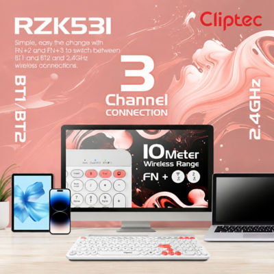CLIPTEC RZK531 DUAL MODE RECHARGEABLE WIRELESS MULTIMEDIA SILENT KEYBOARD WITH PHONE SLOT - WHITE 3