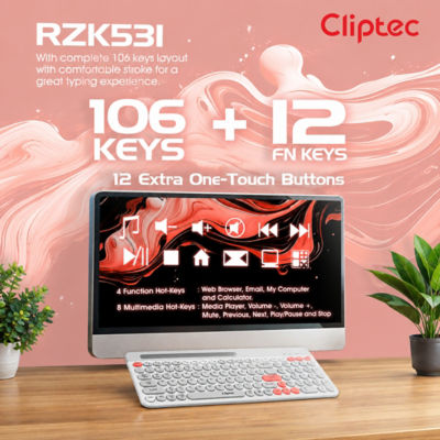 CLIPTEC RZK531 DUAL MODE RECHARGEABLE WIRELESS MULTIMEDIA SILENT KEYBOARD WITH PHONE SLOT - WHITE 4