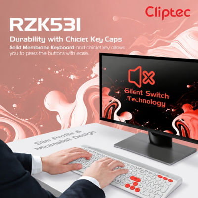 CLIPTEC RZK531 DUAL MODE RECHARGEABLE WIRELESS MULTIMEDIA SILENT KEYBOARD WITH PHONE SLOT - WHITE 5