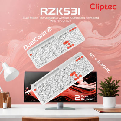 CLIPTEC RZK531 DUAL MODE RECHARGEABLE WIRELESS MULTIMEDIA SILENT KEYBOARD WITH PHONE SLOT - WHITE 6