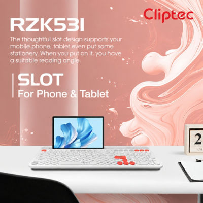 CLIPTEC RZK531 DUAL MODE RECHARGEABLE WIRELESS MULTIMEDIA SILENT KEYBOARD WITH PHONE SLOT - WHITE 8