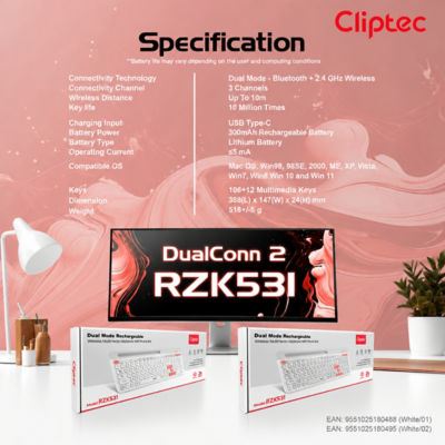 CLIPTEC RZK531 DUAL MODE RECHARGEABLE WIRELESS MULTIMEDIA SILENT KEYBOARD WITH PHONE SLOT - WHITE 9