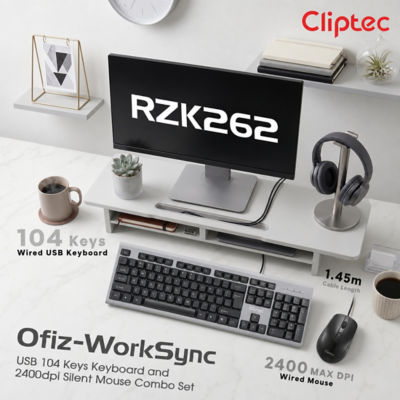CLIPTEC RZK262 USB 104 KEYS KEYBOARD AND 2400DPI SILENT MOUSE COMBO SET - BLACK 7