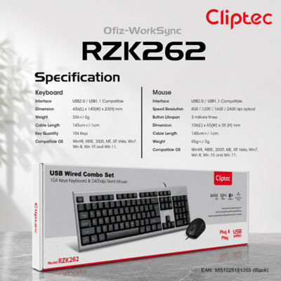 CLIPTEC RZK262 USB 104 KEYS KEYBOARD AND 2400DPI SILENT MOUSE COMBO SET - BLACK 9