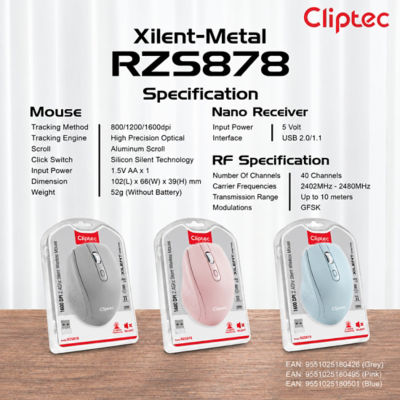 CLIPTEC RZS878 XILENT-METAL - 2.4GHZ 160DPI SILENT WIRELESS MOUSE (AA BATTERY) - BLUE 9