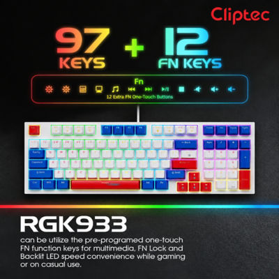 CLIPTEC RGK933 USB MECHANICAL ILLUMINATION BACKLIT OFFICE GAMING KEYBOARD (97 KEYS) - WHITE/BLUE 5