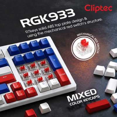CLIPTEC RGK933 USB MECHANICAL ILLUMINATION BACKLIT OFFICE GAMING KEYBOARD (97 KEYS) - WHITE/BLUE 8