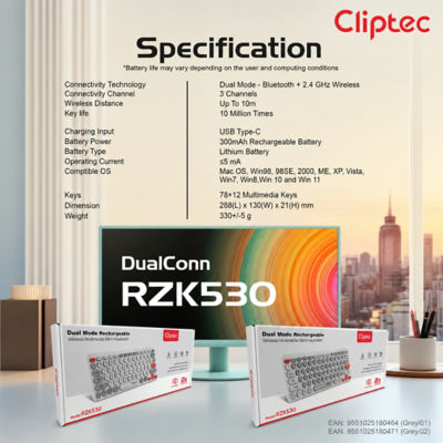 CLIPTEC RZK530 DUAL MODE RECHARGEABLE WIRELESS MULTIMEDIA SILENT KEYBOARD - GREY 7