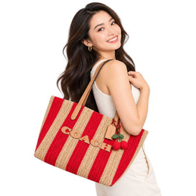 COACH City Tote Bag With Stripes And Charm Red/Tan CER30 6
