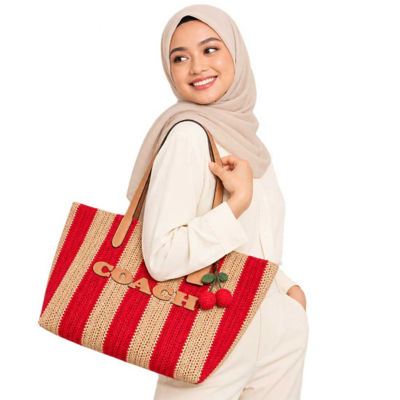 COACH City Tote Bag With Stripes And Charm Red/Tan CER30 7